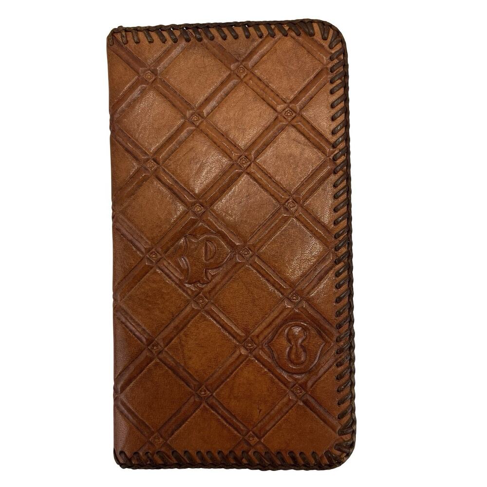 Handmade Brown Leather Wallet Diamond Embossed Monogram Artisan Stitched Edges